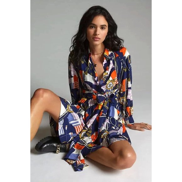 Anthropologie Maeve Shirtdress Buttondown Nautical‎ Navy Sailing Boat Size XS - Picture 1 of 9